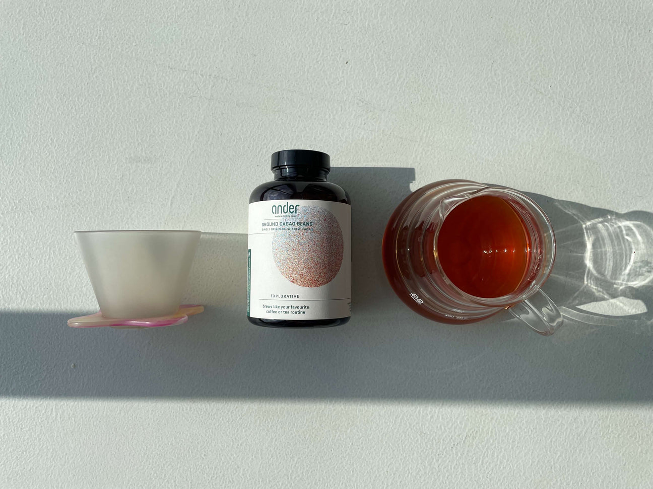 recycled pet jar with filter cacao together with orea flat bottom and decantor
