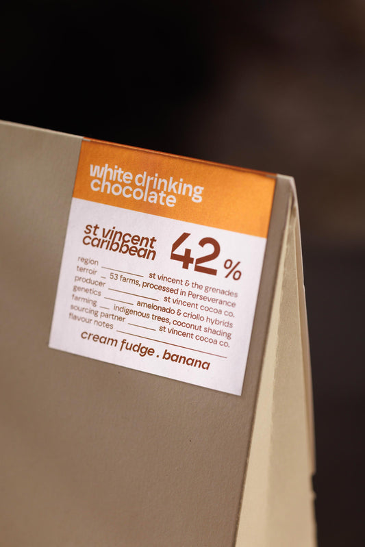 drinking chocolate 42% white . CARIBBEAN st vincents . fudgy