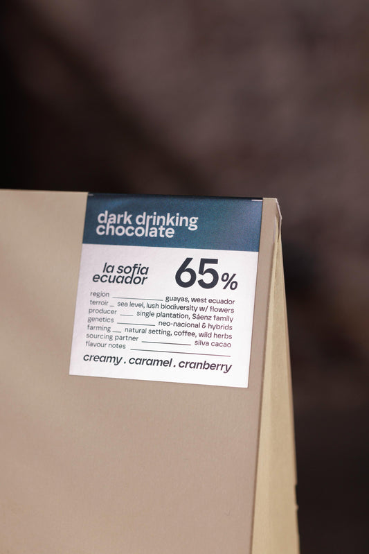 drinking chocolate 65% dark . ECUADOR finca la sofia . fruity