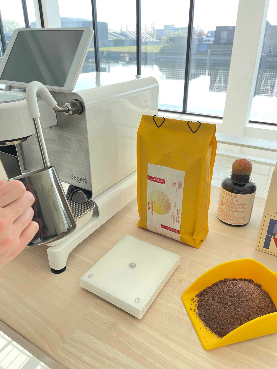 preparing drinking chocolate with steam pipe espresso machine